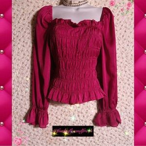 Smocked ruffle long puff sleeves in a rich magenta satin Sz medium elastic waist